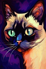 Russian Black Siamese cat psychedelic look. Generative AI