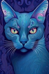 Russian Blue Siamese cat psychedelic look. Generative AI