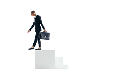 Corporate business woman stepping off a block of stairs on a transparent background