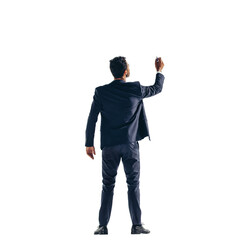 Rearview of a business man writing on a transparent background