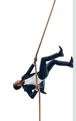 Success-driven business man climbing a rope on a transparent background