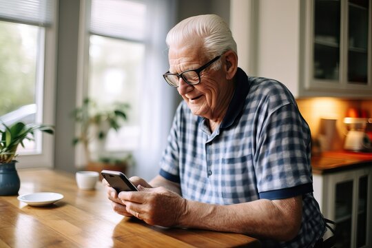 Image of an elderly white male with a smartphone in a home interior. Messages from relatives are always a joyful moment for old people.