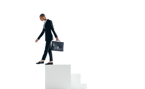 Corporate business woman stepping off a block of stairs on a transparent background