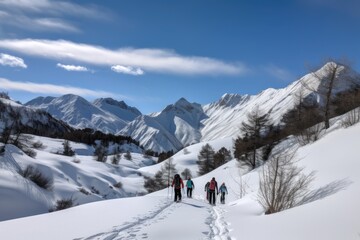 Fototapeta na wymiar snowshoeing trek with panoramic views of snowy mountains and blue sky, created with generative ai