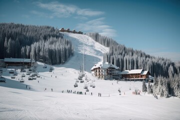 winter sport resort, with skiers and snowboarders enjoying the slopes, created with generative ai