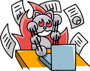 猛烈にパソコン仕事をするにゃんまるのイラスト　猫