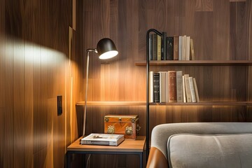 wood-paneled wall with built-in bookshelf and reading lamp, created with generative ai