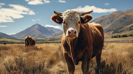 Cows herd on a grass field during the summer at sunset with mountain background
