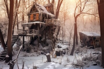 winter landscape featuring abandoned treehouse, created with generative ai