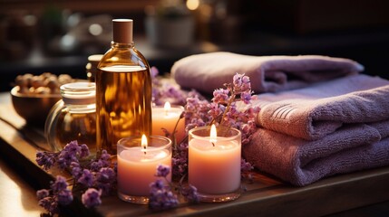 Fototapeta na wymiar Cosmetics for body care. Massage oils and Towels with candles and flowers. Spa. Generative AI