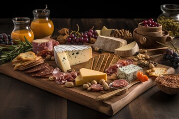 rustic, wooden board with assorted cheeses and charcuterie, created with generative ai