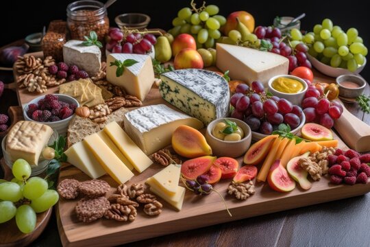 platter of cheeses, fruits and vegetables for the ultimate cheese board, created with generative ai
