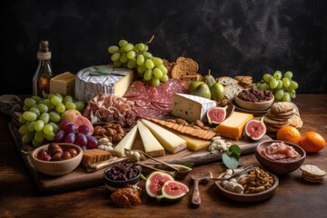 a rustic board, piled high with cheeses, meats & fruits, created with generative ai