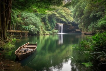 peaceful scene with cascading waterfall and rowing boat in the foreground, created with generative ai