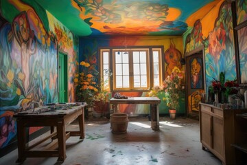 inside of an art studio, with vibrant murals and paintings on the walls, created with generative ai