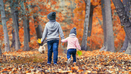 Kinder laufen durch den Herbstpark - obrazy, fototapety, plakaty