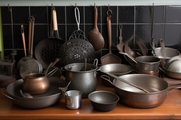 collection of metal cooking utensils, including woks and skillets, created with generative ai