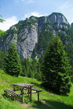 bench in the mountains, Ciubotea Valley, Bucegi Mountains, Romania