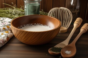 mixing bowl, wooden spoon, and whisk for baking recipe, created with generative ai