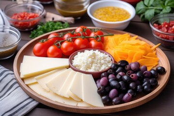 plate of sliced ingredients, ready for cooking: cheese slices, tomatoes, olives and other items, created with generative ai
