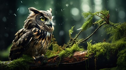 Beautiful Great Horned Owl balances on a tree