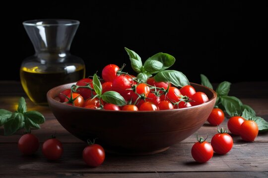 A Simple Bowl Of Ripe Cherry Tomatoes, Fresh Basil, And A Drizzle Of Olive Oil, Created With Generative Ai