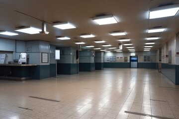 Fototapeta premium empty airport terminal with emergency lights and sirens, indicating emergency situation, created with generative ai