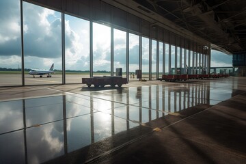 empty airport terminal, with view of the runway and aircraft waiting to take off, created with generative ai