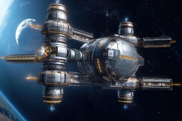 futuristic space station with rotating modules for gravity, created with generative ai