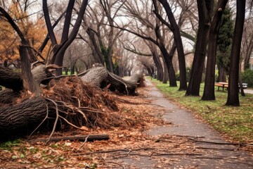 fallen tree branches scattered across a park pathway, created with generative ai
