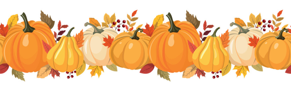 Colorful autumn color pumpkins, berries, and leaves horizontal seamless pattern. Isolated on white background. Seasonal fall banner design for greeting or promotion.