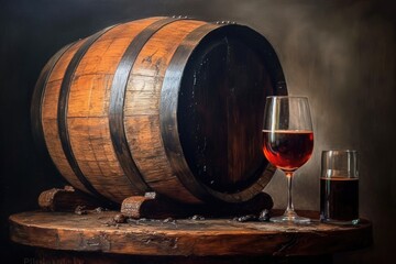 whiskey barrel with a glass filled beside it, created with generative ai