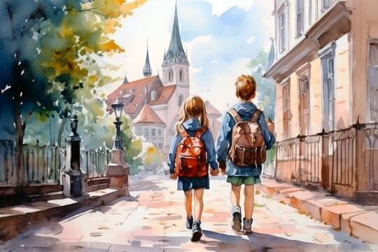 Schoolboy and schoolgirl with backpacks go to school. Back to school concept. Watercolor. Generative AI.