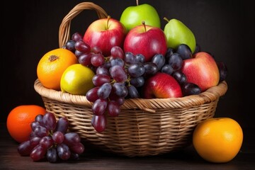 stack of ripe and juicy fruits in basket, created with generative ai