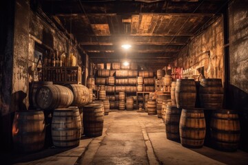 aged whiskey barrels stacked in a rustic warehouse, created with generative ai