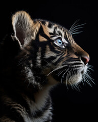Generated photorealistic image of a blue-eyed black tiger cub 