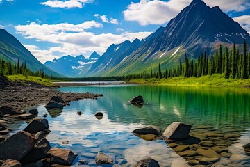 Upper Twin Lake at Lake Clark National Park, Alaska: A Natural Marvel of American Outdoors. Generative AI