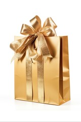 White Isolated Gold Bag with Christmas Gifts for Shopping, Retail and Paper Retailers, with Handle. Generative AI