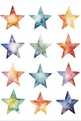 Watercolor Stars on White Background. Hand-Drawn Set of Artistic Stars in Painted Paper. Isolated Painting in Watercolor Style: Generative AI