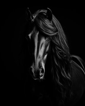 Generated photo-realistic image of a Friesian horse with flowing bangs in black and white