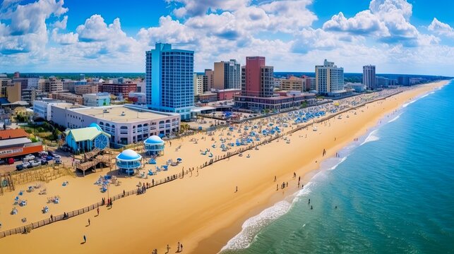 Virginia Beach Boardwalk: High Aerial Panoramic View of Atlantic Coastline and Beautiful Architecture and Attractions on Blue Sky Background. Generative AI