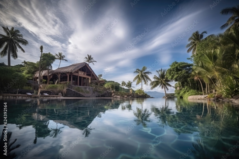 Sticker luxury resort on remote island, with infinity pool and private beach, created with generative ai