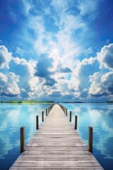 Symmetrical Wooden Pier on Beautiful Blue Lake with Bright Cloudscape in Colourful Background: Generative AI