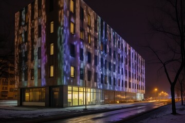 led lights installed on facade of modern building to create unique and eye-catching effect, created with generative ai