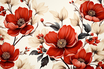Romantic Watercolor Botanical Background  Feminine Red Flowers Seamless Pattern, Ai Generative