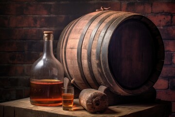 aged barrel with whiskey glass and bottle on top, created with generative ai