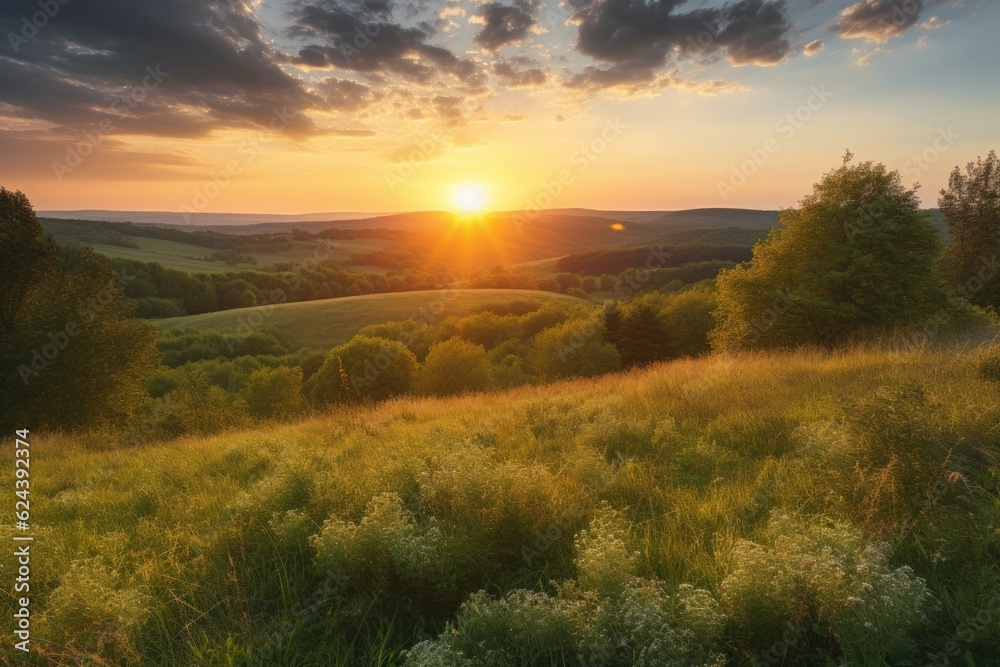 Sticker rolling hills with a view of the setting sun, casting golden rays across the countryside, created wi