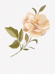 Tea Rose with green leaves on a white background. Elegance, beauty. Digital watercolor painting