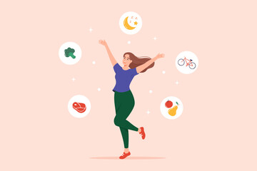 Happy woman leads a healthy lifestyle. Healthy lifestyle concept. Flat vector illustration.