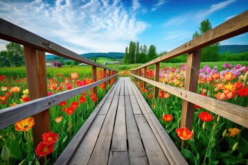 Fototapeta premium vibrant tulip field with wooden bridge in the background, created with generative ai